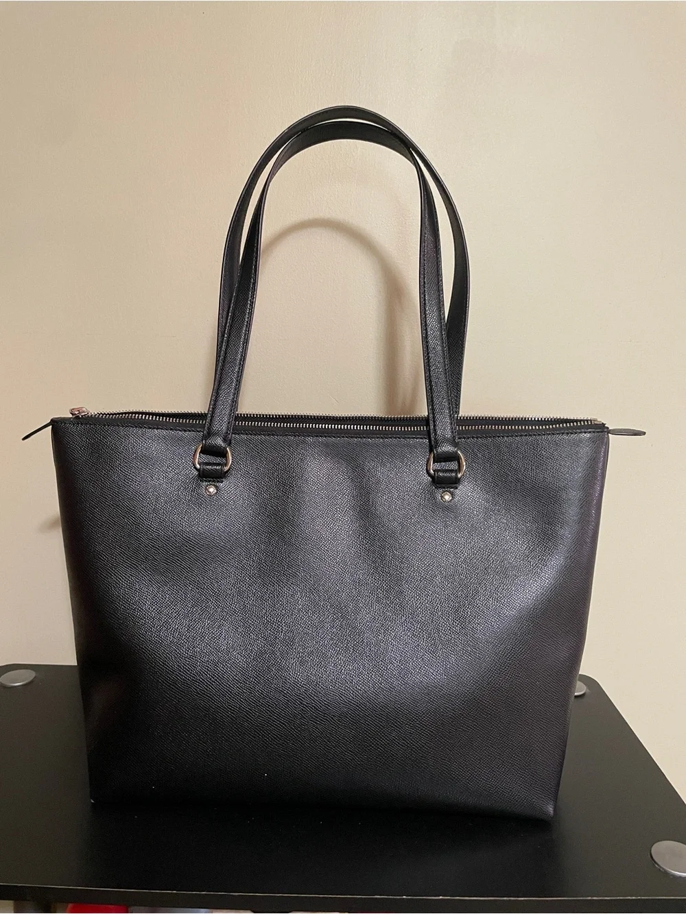 Coach Black Saffiano Leather Tote with Front Zip Pocket